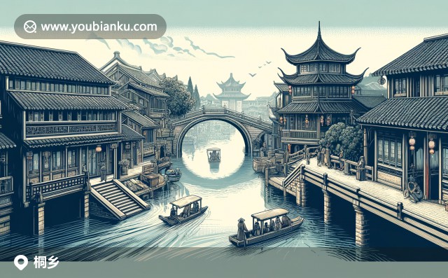 浙江烏鎮(zhèn)傳統(tǒng)建筑與現(xiàn)代插圖：橋中橋、水運河與戲劇節(jié)的明信片風(fēng)光 (郵政編碼314500)
