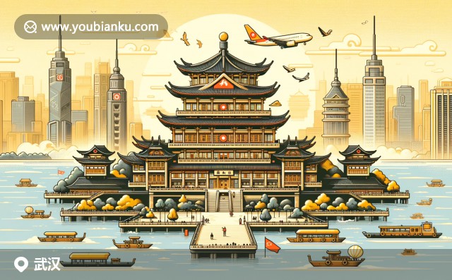 武漢文化與風景融合，展現(xiàn)黃鶴樓壯美、熱干面美食和東湖景色，靈動呈現(xiàn)于航空郵件信封上