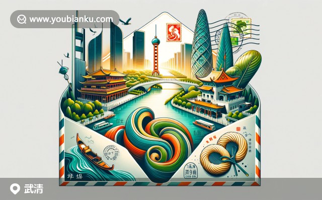 武清古文化街與郵政主題插畫(huà)，展現(xiàn)紅墻綠瓦建筑、301700郵政編碼、狗不理包子和中國(guó)郵政元素
