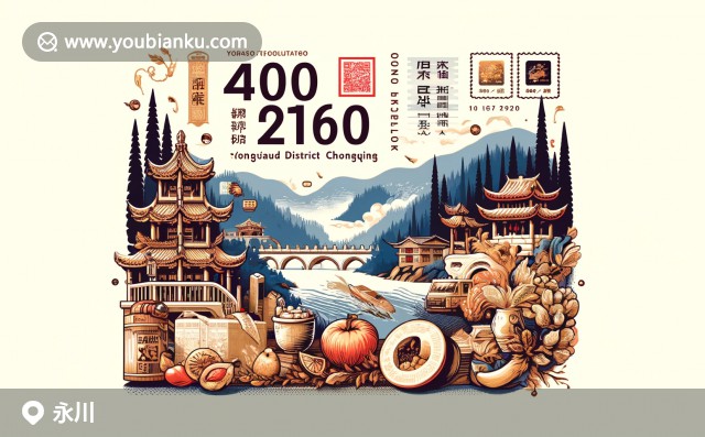 永川區(qū)特色展示 - 黑山谷風(fēng)光、永川豆腐乳與嘉陵江景觀的現(xiàn)代創(chuàng)意插畫(huà)
