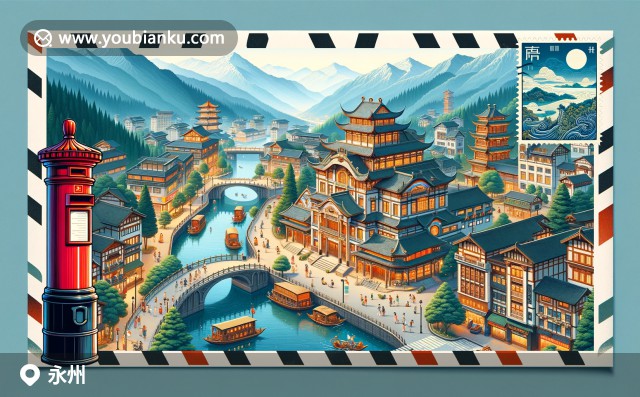 永州地方特色與郵政元素融合，描繪零陵古城、東安雞與傳統(tǒng)釀菜，展現(xiàn)湘江風(fēng)光與中國風(fēng)郵票