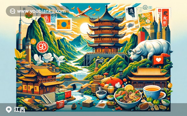 江西自然和文化的完美結(jié)合，展現(xiàn)廬山美景與景德鎮(zhèn)瓷器、贛南臍橙，融入中國郵政元素