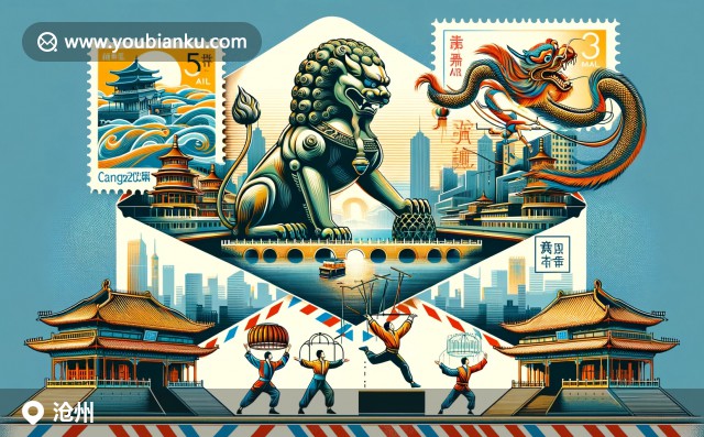 滄州傳統(tǒng)與現(xiàn)代融合，展示鐵獅子、京杭大運(yùn)河、吳橋雜技與航空郵政元素