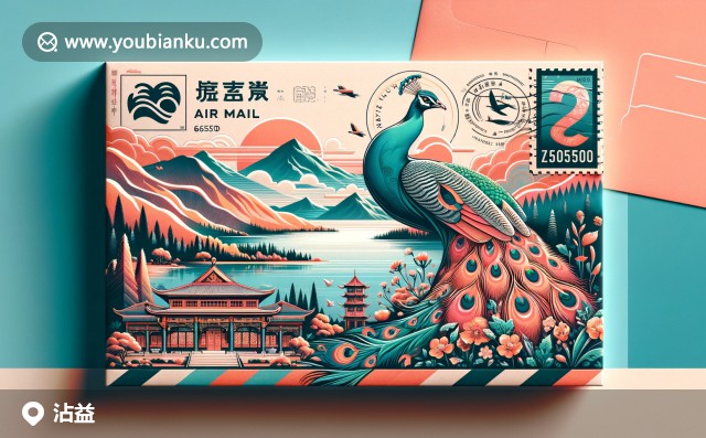 精美航空郵件信封，展現(xiàn)星云湖、金殿孔雀和羅漢山的特色，傳統(tǒng)與現(xiàn)代交融的曲靖沾益縣風(fēng)景