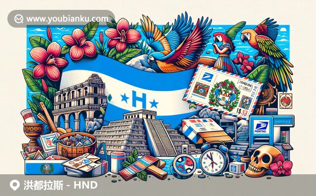 洪都拉斯國旗、文化遺址、傳統(tǒng)舞蹈與鸚鵡：展現(xiàn)多元文化與郵政元素的融合