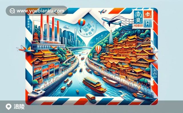 現(xiàn)代插畫：重慶涪陵區(qū)的標志性武江畫廊、榨菜及郵政元素，展現(xiàn)城市歷史與現(xiàn)代交流