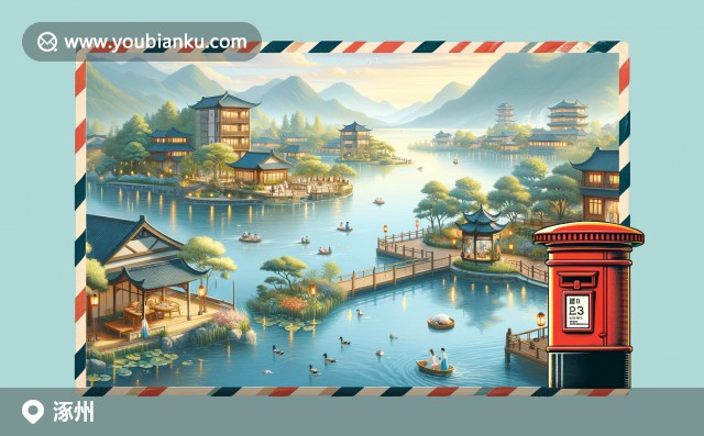涿州市特色插畫：白洋淀、涿州大餅與郵政郵筒及航空信封