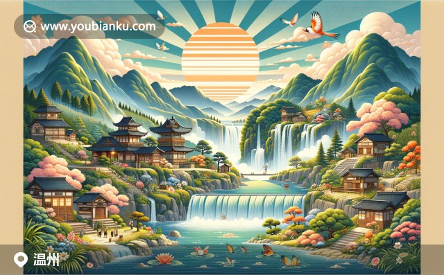 溫州獨(dú)特的自然景觀和文化特色，靈峰景區(qū)山峰、瀑布，溫州美食魚丸和甌柑，融入中國風(fēng)郵政元素