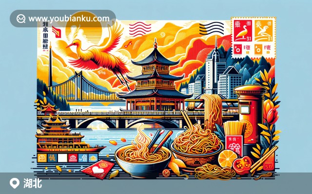 湖北文化與郵政元素完美融合，展現(xiàn)黃鶴樓與熱干面，神農(nóng)架自然風(fēng)光，背景點(diǎn)綴郵票與郵戳