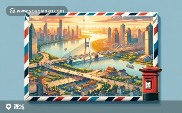 山東省濱州市濱城區(qū)插畫(huà)：黃河大橋，大蒜田與日出的壯觀組合，郵政編碼256600