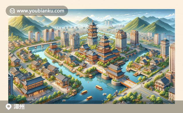 漳州傳統(tǒng)與現(xiàn)代的完美結(jié)合，描繪南靖土樓、云水謠古鎮(zhèn)和火山島景觀，展現(xiàn)郵政元素和地標建筑