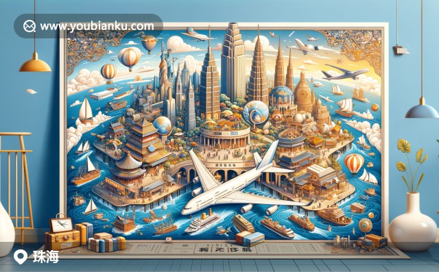 珠海地標(biāo)與自然美景的結(jié)合，航空信封展示長隆海洋王國、圓明新園和海島風(fēng)光，融入郵政編碼與海鷗飛翔