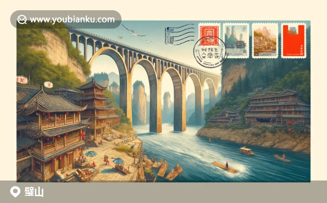 重慶璧山縣插圖：天主教堂，綠茶，大竹海與航空信封主題郵戳設(shè)計(jì)