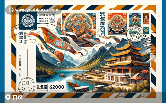 藏式建筑、雅拉雪山和郵票上的“甘孜 626700” - 展現(xiàn)甘孜獨特魅力的現(xiàn)代插畫