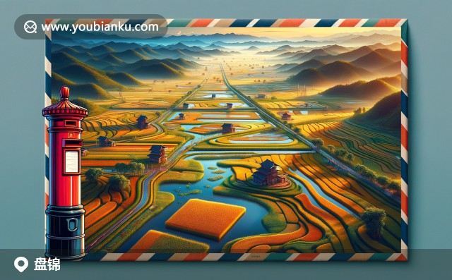 描繪盤錦自然美景的紅海灘、稻田和葦海濕地，與珍稀鳥類共同棲息。航空信封上繪有盤錦象征河蟹，體現(xiàn)濕地之都的風(fēng)景特色和地域文化。