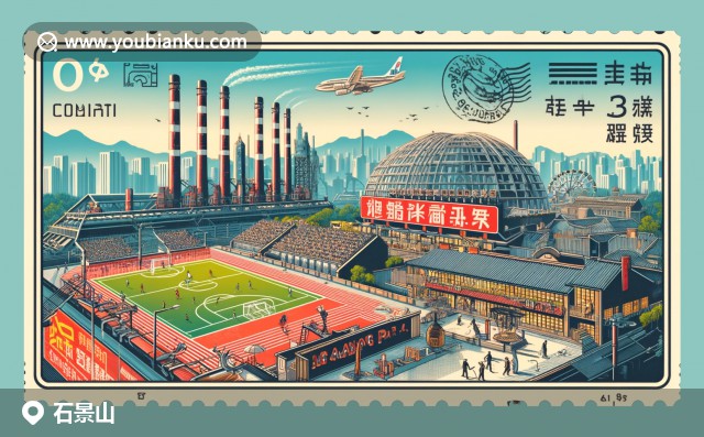 北京石景山區(qū)插畫：航空信封上的郵票展示游樂園摩天輪和八大處公園，郵政編碼100000，展現(xiàn)區(qū)域娛樂與歷史文化