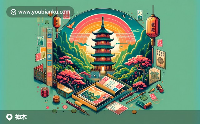 描繪神木縣自然遺產、泡桐樹、傳統(tǒng)剪紙與燈籠的現(xiàn)代插畫，展示郵政通信與地方文化的獨特融合