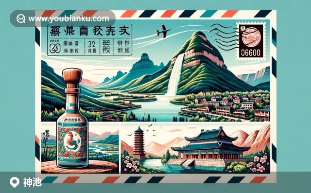 神池縣風(fēng)光 - 盤古山、羽毛泉和山西醋的象征，帶有郵政元素與036100郵編