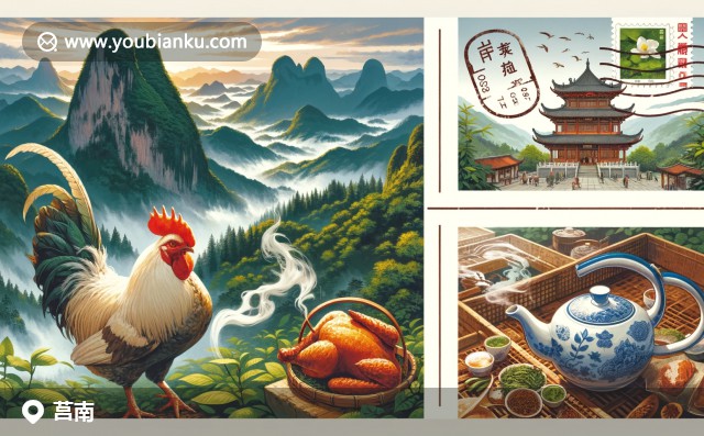 山東省臨沂市莒南縣郵票圖案：蒙山風(fēng)光，羅漢雞，傳統(tǒng)茶文化與郵政編碼276600
