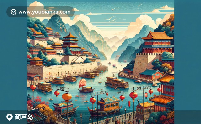 體現(xiàn)葫蘆島風(fēng)情，古城墻與海濱美景，烤海鮮特色，融入中國(guó)風(fēng)郵票和郵戳