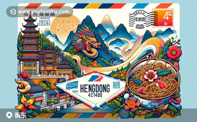 衡陽回雁峰、湖南刺繡與衡陽辣條交織的衡東特色現(xiàn)代插畫郵封