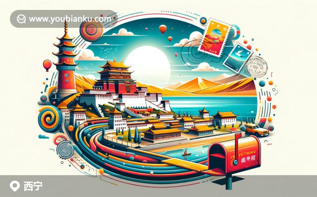 西寧自然與文化的完美融合，展現(xiàn)青海湖美景與塔爾寺寧靜，融入郵政元素
