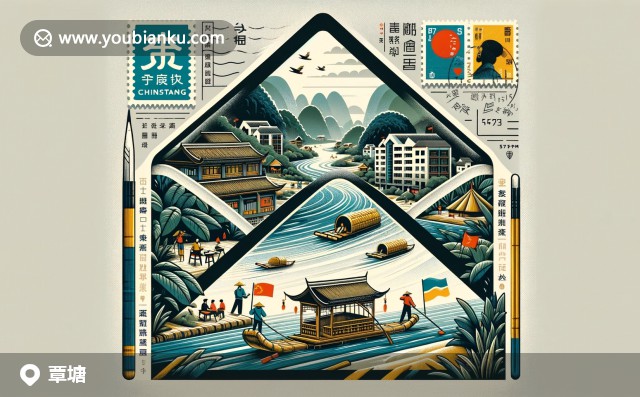 覃塘區(qū)郵票與特色景觀 - 郵政編碼537100，羅香貴米與竹筏漂流的創(chuàng)意設(shè)計(jì)