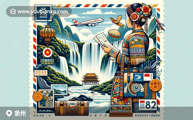 象州縣郵政編碼545800 - 龍林瀑布，壯族服飾與復(fù)古航空郵件插畫(huà)
