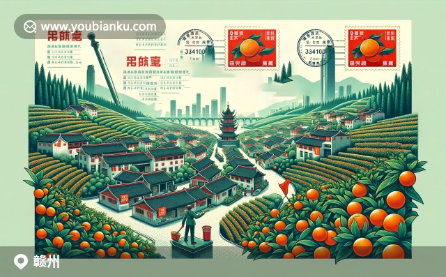 贛州紅色文化、客家文化和自然美景完美融合，展示獨(dú)特建筑與臍橙農(nóng)業(yè)，融入郵政元素