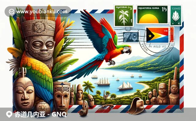 赤道幾內(nèi)亞獨特郵政文化與自然風(fēng)光完美融合，插畫展現(xiàn)國旗、灰鸚鵡等元素
