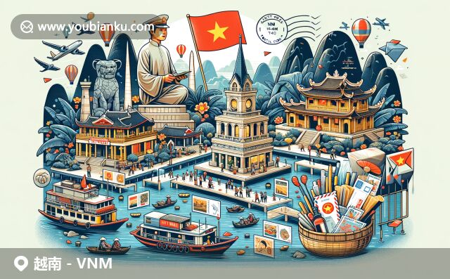 越南地標(biāo)與文化呈現(xiàn)，展示胡志明紀(jì)念堂、下龍灣石灰?guī)r島、會(huì)安古建筑、湄公河三角洲水上市場(chǎng)等