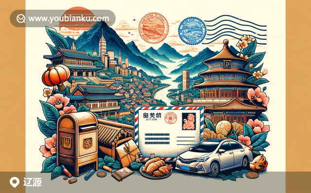 現(xiàn)代航空郵件信封融入中國(guó)風(fēng)郵票與遼源自然景觀，在色彩和諧中展示城市獨(dú)特魅力與郵政文化