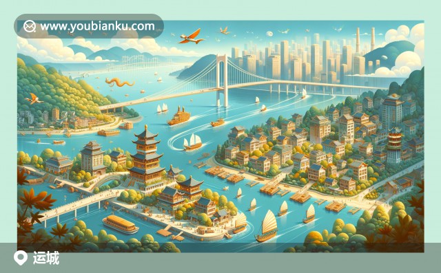 現(xiàn)代插畫(huà)風(fēng)格展現(xiàn)運(yùn)城鹽湖、蘋(píng)果和大盤(pán)雞，融入郵政元素