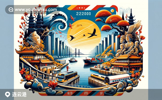 展現(xiàn)連云港郵政文化與老街特色，中國風(fēng)郵票與郵筒，色彩鮮明線條流暢