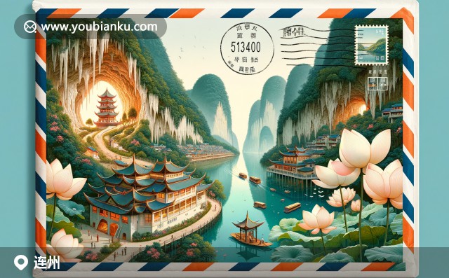 廣東省連州市風景：連州地下河、蓮花池與肇慶寺航空郵票信封，郵政編碼513400