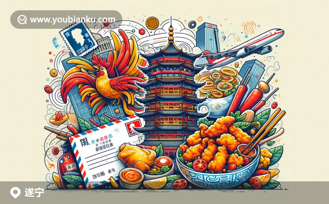 遂寧大觀樓與四川美食，融入航空郵件元素，展現(xiàn)生動(dòng)多彩的四川文化和美食特色