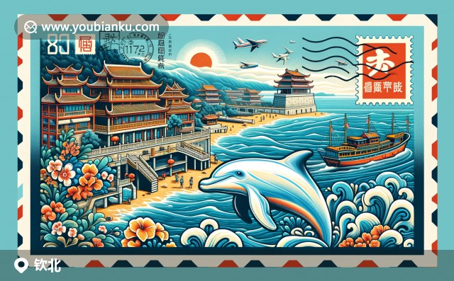 廣西欽北區(qū)特色 - 白海豚、欽州港與北海銀灘郵票插畫
