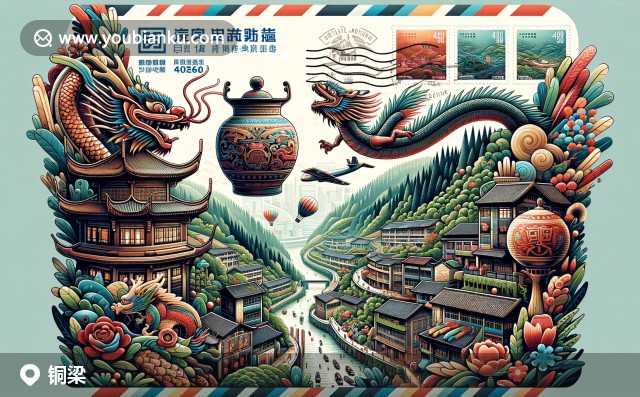 傳統(tǒng)銅梁龍舞與鐵鍋工藝在郵票信封上的現(xiàn)代呈現(xiàn)，402560郵政編碼下的綠色銅梁風(fēng)光