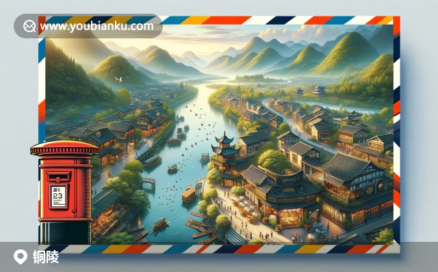 郵政主題插畫：銅陵長江大橋、古青銅器與244100郵編的現(xiàn)代交融