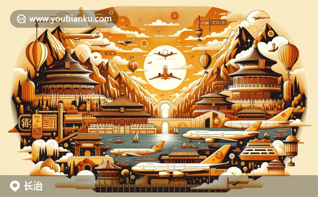 展開的航空信封，展現(xiàn)長治古城墻、桃花峪春景及黃河壺口瀑布，配以郵政編碼047100和中國郵政郵戳