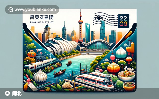 上海市閘北區(qū)蘇州河景色，1933老場坊建筑與小籠包郵票設(shè)計，紀念200000郵政編碼的創(chuàng)意插畫