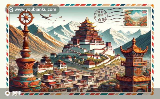 岡底斯山脈壯麗景色和古格王朝遺址的融合，彰顯阿里地區(qū)歷史和自然之美，藏族文化元素與明信片設(shè)計(jì)相得益彰