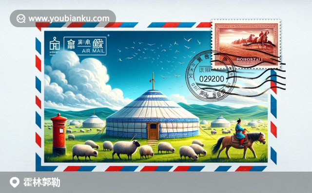 蒙古包、羊群與騎手在錫林郭勒草原上，背景是中國(guó)郵票上的長(zhǎng)城和霍林郭勒郵戳029200，融入航空郵件與郵筒元素