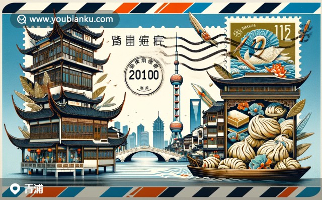 創(chuàng)意郵政插畫(huà)：青浦區(qū)地標(biāo)與文化元素的現(xiàn)代融合，展現(xiàn)淀山湖、朱家角方勝橋與粽子風(fēng)情，郵政編碼201700