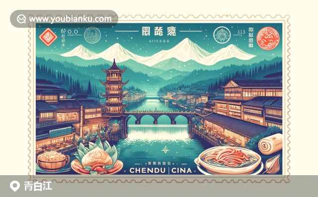 現(xiàn)代插畫：成都青白江區(qū)，青城山郵票與都江堰夜景，配以四川美食元素