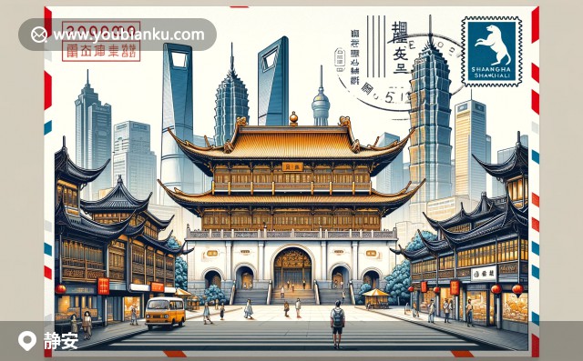 靜安寺金色屋頂與摩天大樓交相輝映，南京西路熱鬧購物街，郵票元素展示200000郵政編碼
