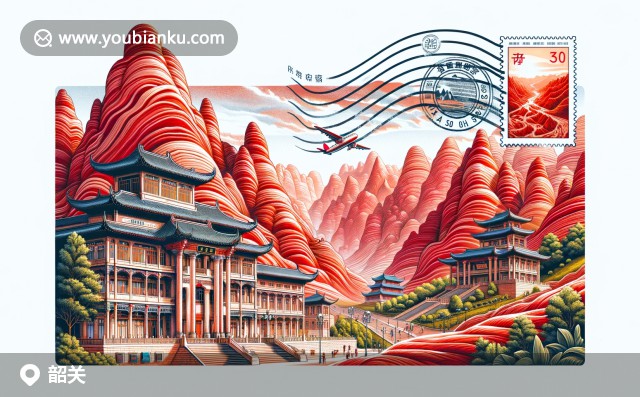 韶關(guān)丹霞山的紅巖與牌坊街，融入航空郵件元素的繪畫藝術(shù)