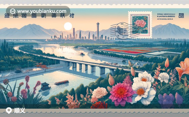 北京順義區(qū)插圖：首都機場航站樓、郵政明信片與葡萄園的特色展示
