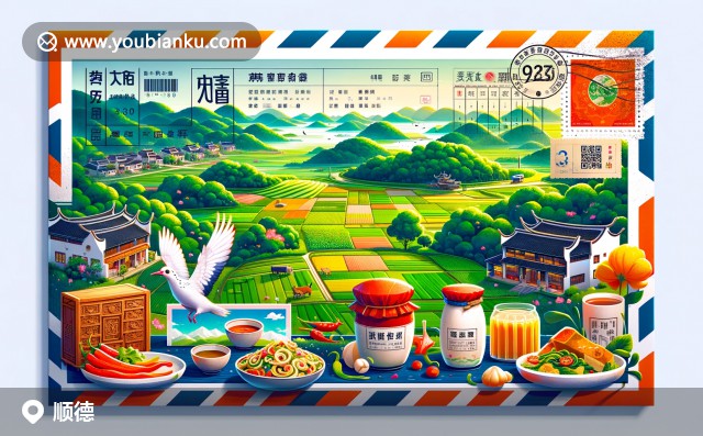 郁郁蔥蔥的農(nóng)田，椒鹽乳鴿和雙皮奶特色美食，配以龍江鎮(zhèn)家具及中國風(fēng)郵票裝飾的現(xiàn)代創(chuàng)意航空信封