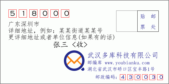 郵編信封：郵政編碼518000-廣東深圳市